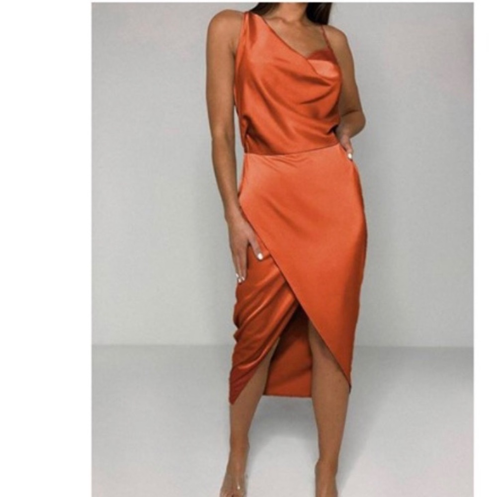 Misguided Rust Satin Midi Dress